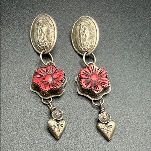 925 Sterling Silver Drop Earring Artisan Made #M45 Mary Madonna Red Rose